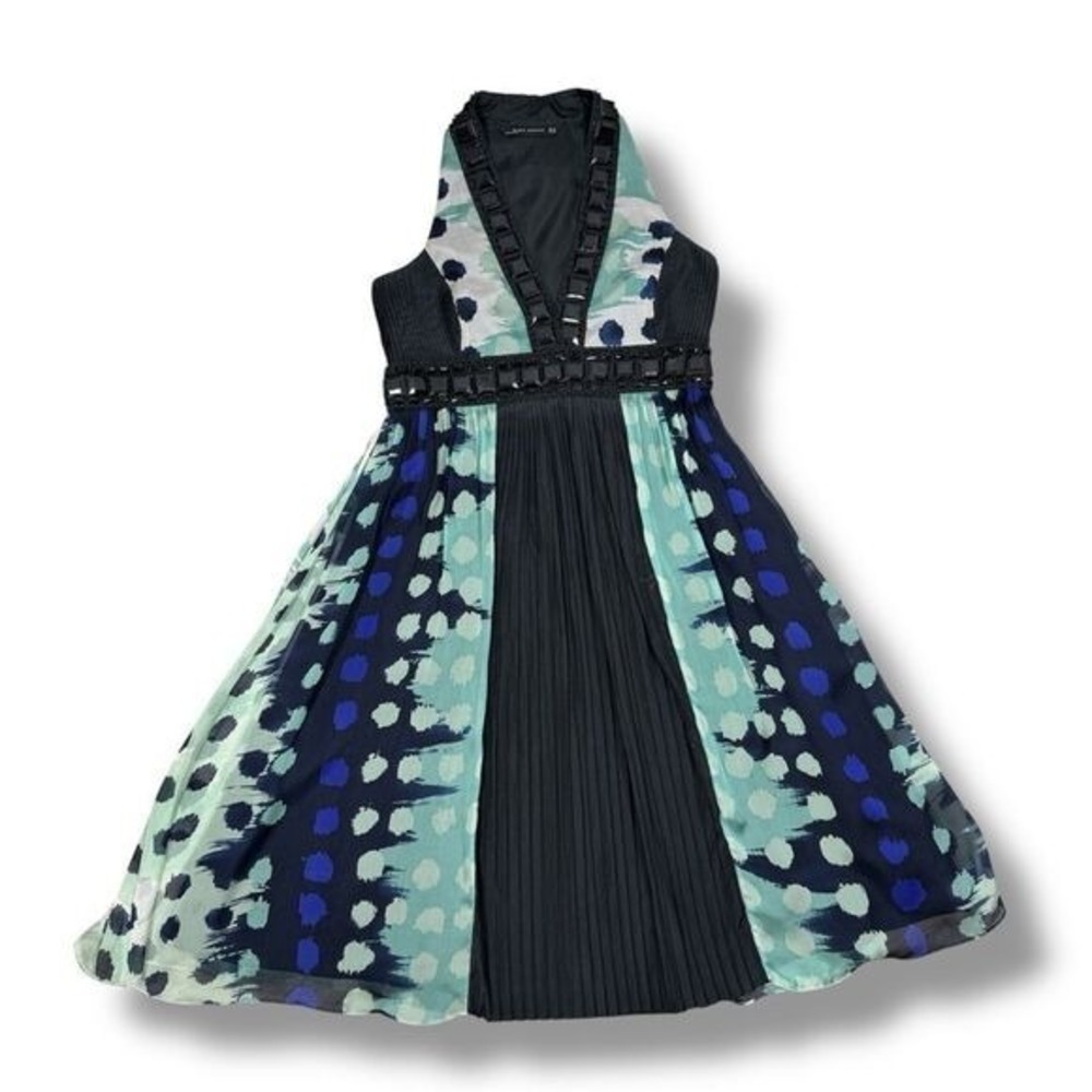 Zara Beaded Silk Pleated Multi Pattern Fit Flare Halter Dress Black Teal Medium - Picture 15 of 15